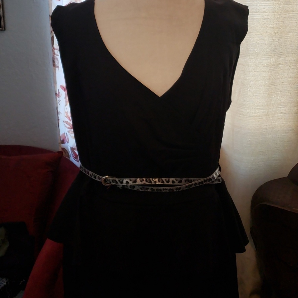 Black peplum dress with animal print belt